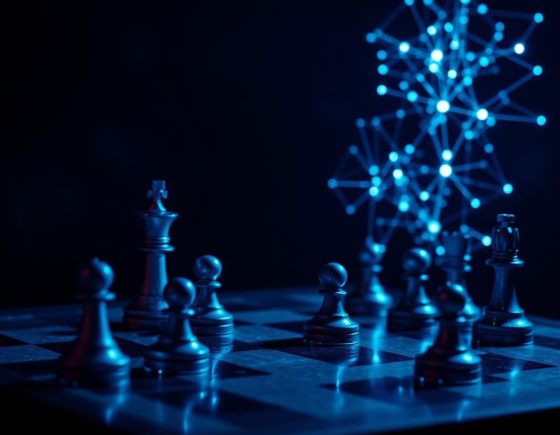 Strategic chess board with glowing AI neural network — marketing wisdom meets artificial intelligence