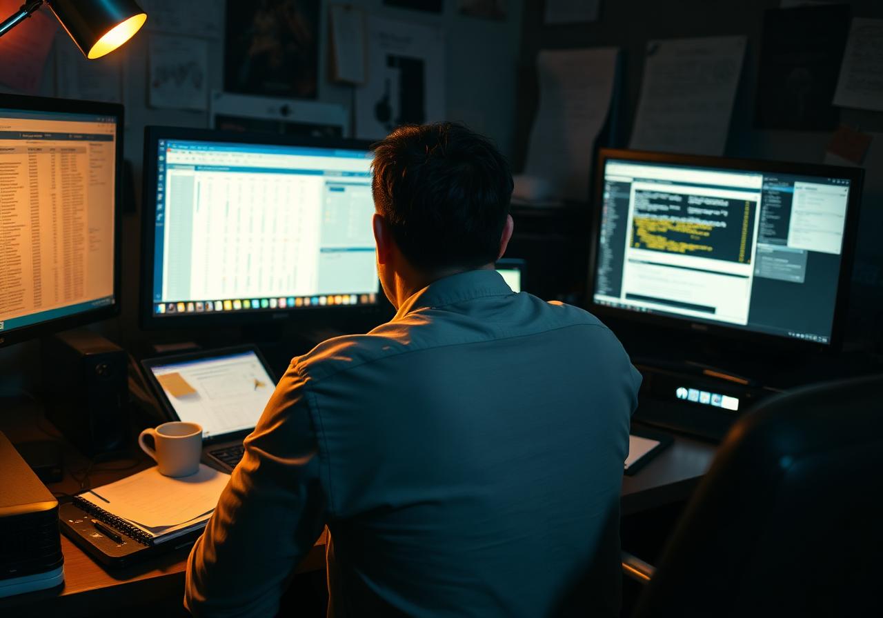 An overwhelmed entrepreneur at a cluttered late-night workspace
