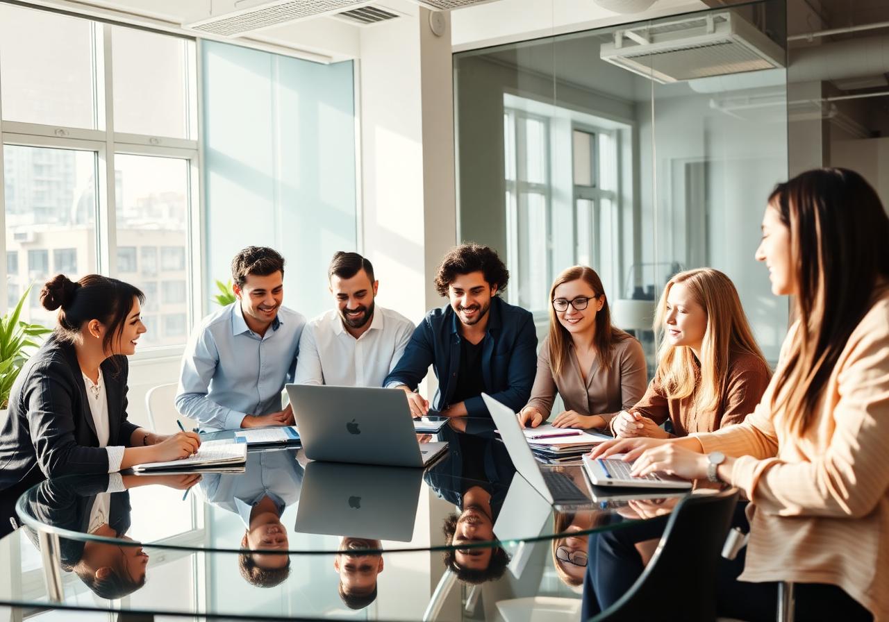 Diverse entrepreneurs collaborating in a bright modern workspace